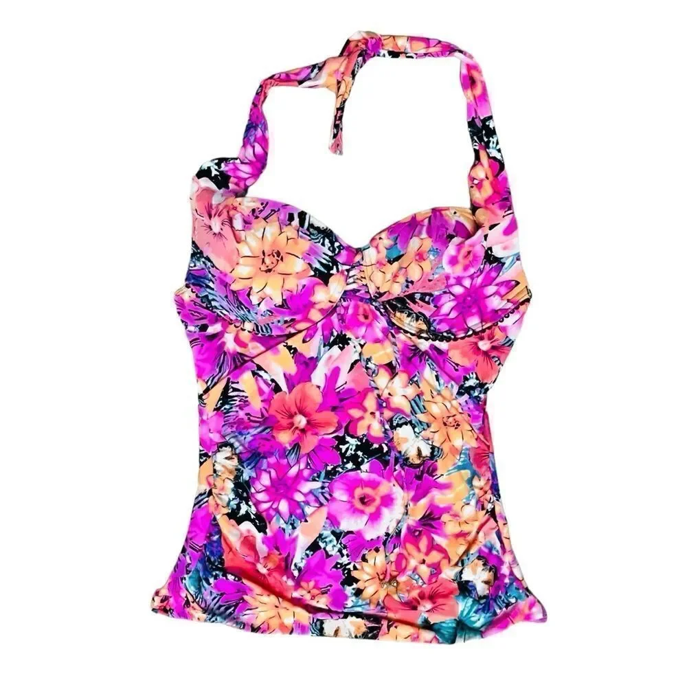 Coco Reef Pink Tropical Floral Pink Swimsuit Soft Cup Underwire Adjustable Top 8